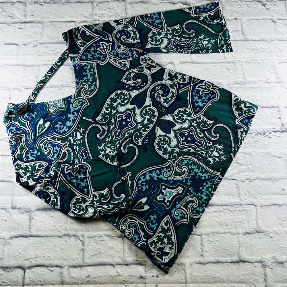 Chicos Travelers Women's 1P 8/10P Teal Paisley V-Neck 3/4 Bell Sleeve Top